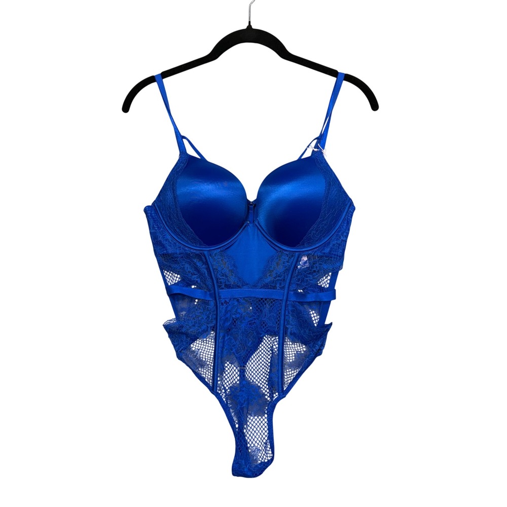 Victoria's Secret Teddy Women M Blue Lace Mesh Push Up Bodysuit